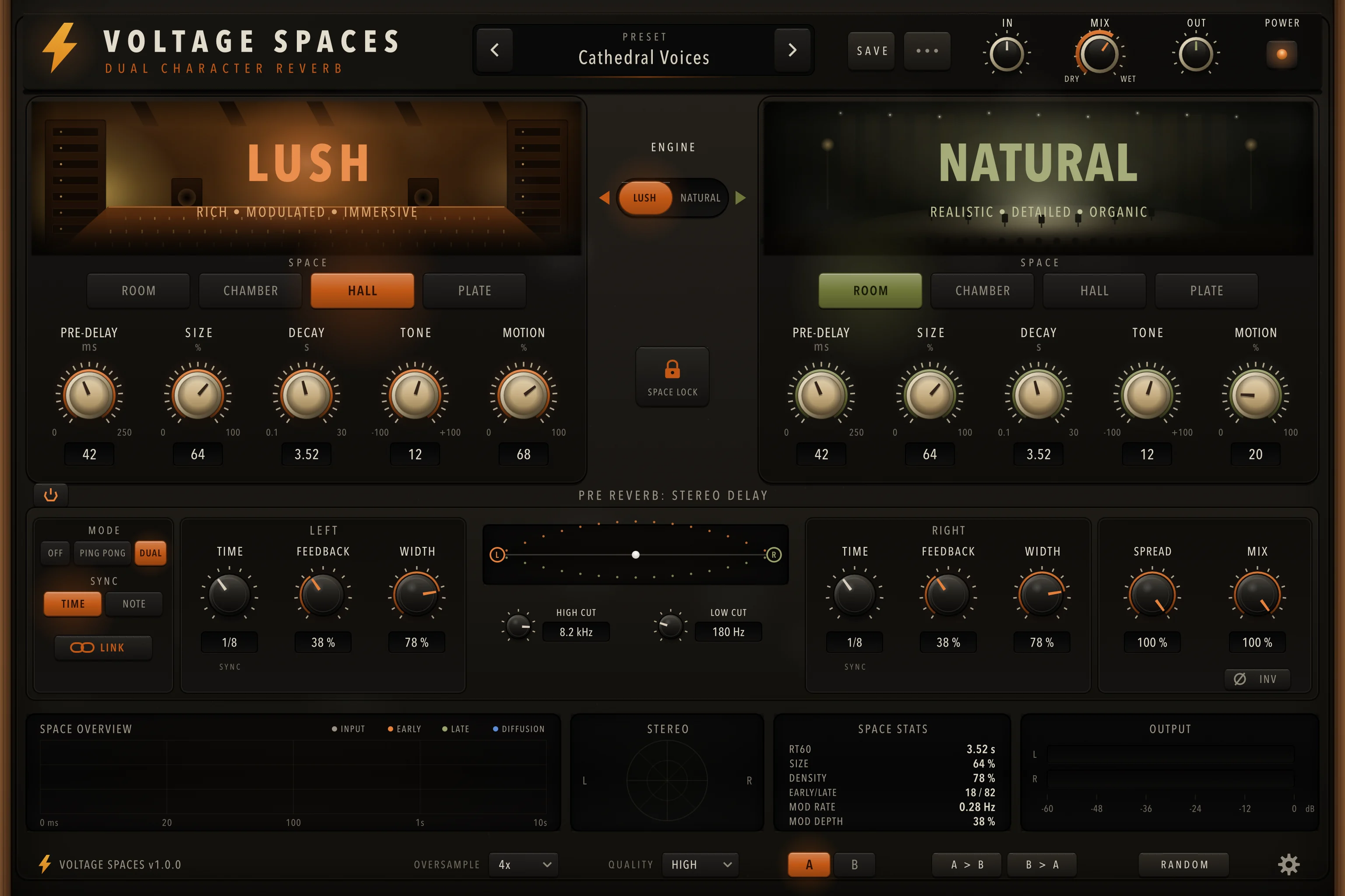 VoltageSpaces interface study, with amber Lush and olive Natural engine panels, a stereo delay strip and space energy displays